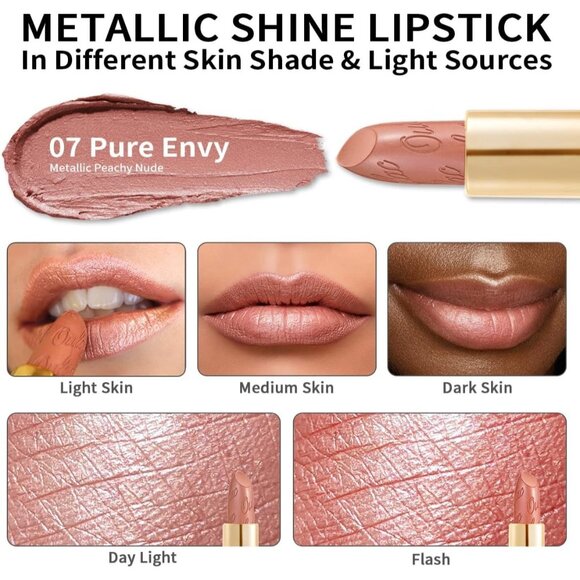 🆕 Metallic Shine Nude Lipstick Moisturizing Creamy Formula Vegan Full-Coverage - Picture 5 of 8